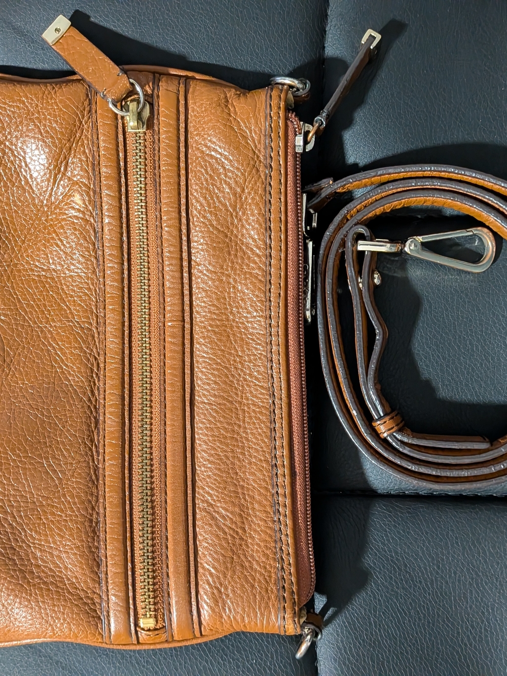 Calvin Klein Cognac Leather Crossbody with Gold Zipper